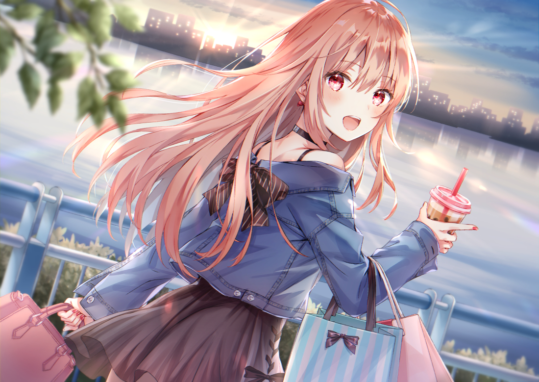 blush, bow, building, city, clouds, drink, higeneko, long_hair, original, pink_eyes, skirt, sky, water
