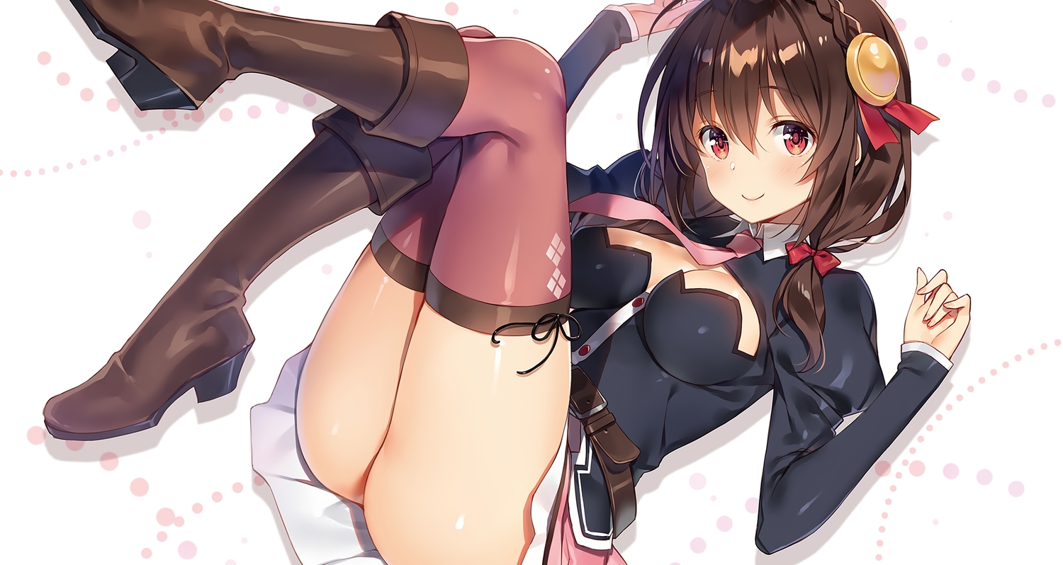 boots, braids, brown_hair, garter_belt, kono_subarashii_sekai_ni_shukufuku_wo!, red_eyes, skirt, thighhighs