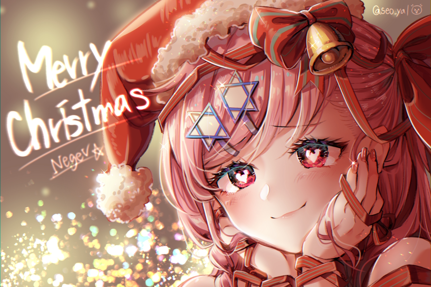anthropomorphism, christmas, close, girls_frontline, mocohi123, negev_(girls_frontline), watermark