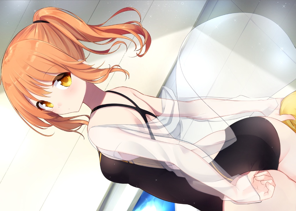 ass, long_hair, minato_shachiko, orange_eyes, orange_hair, original, ponytail, sasahara_wakaba, see_through, swimsuit