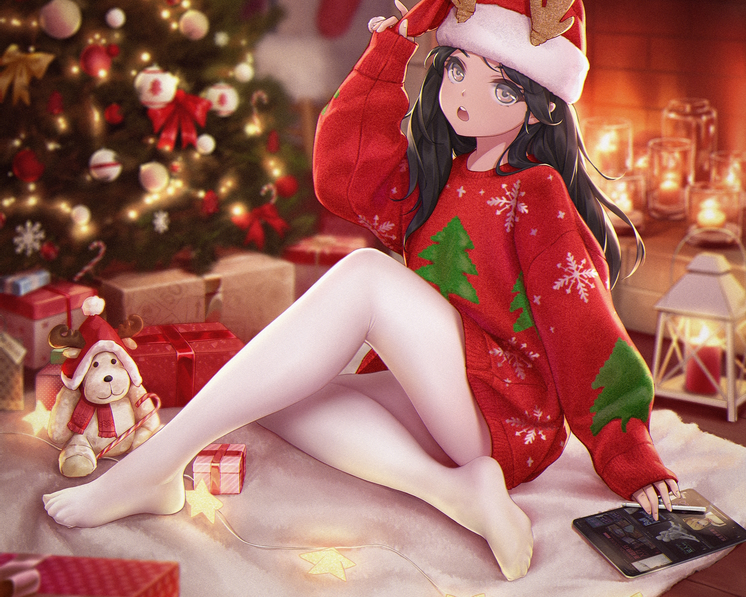 black_hair, brown_eyes, christmas, computer, cropped, hat, long_hair, maou_renjishi, original, pantyhose, santa_hat