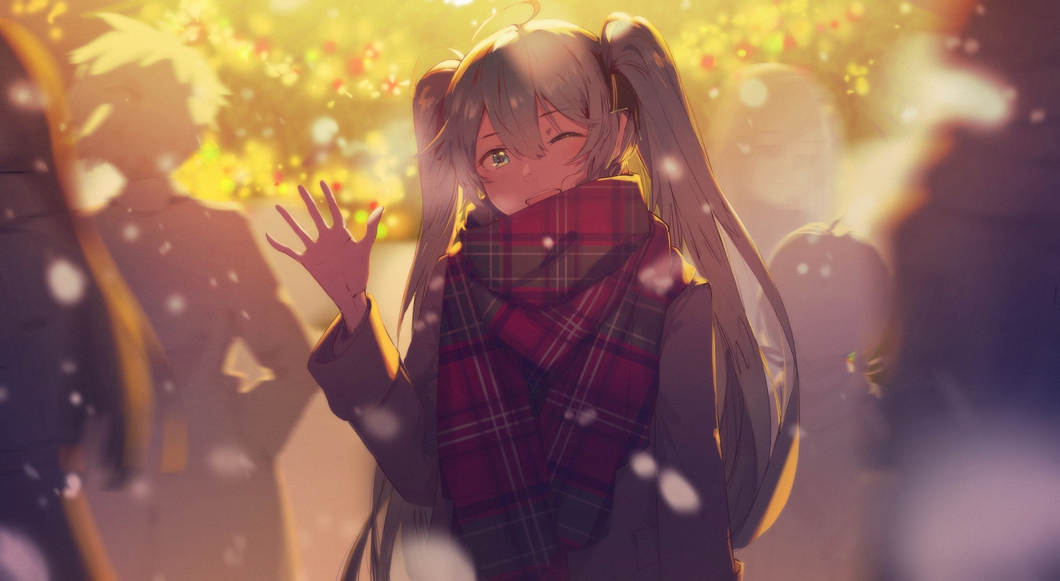 green_eyes, green_hair, group, hatsune_miku, hua_ben_wuming, long_hair, scarf, snow