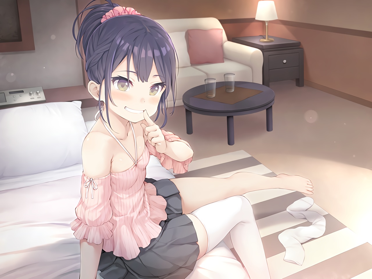 barefoot, bed, blue_hair, blush, namaru_(summer_dandy), original, ponytail, skirt