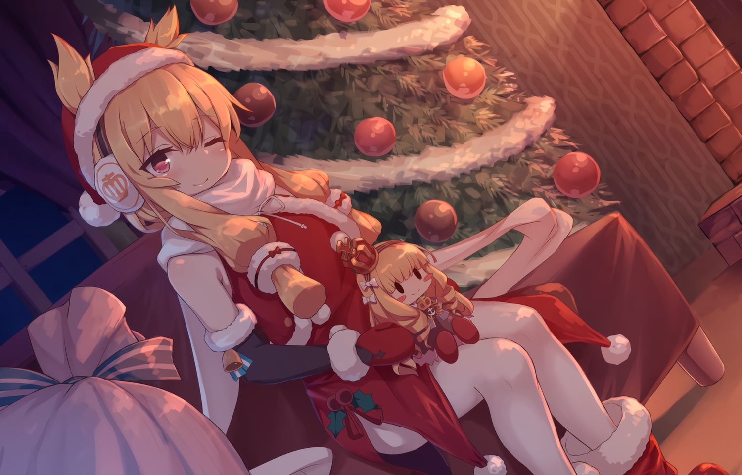anthropomorphism, azur_lane, blonde_hair, blush, christmas, doll, dress, gloves