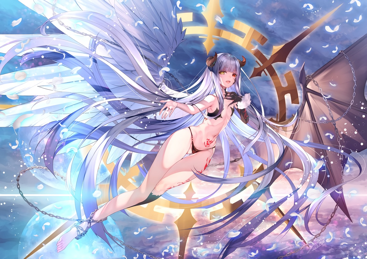 barefoot, bicolored_eyes, chain, feathers, flat_chest, horns, lily_(sennen_sensou_aigis), long_hair, navel, purple_hair, sennen_sensou_aigis, tattoo, wings, yuasa_akira
