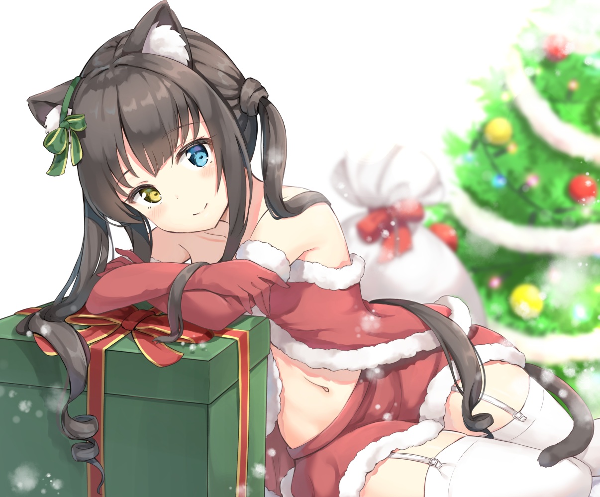 animal_ears, bicolored_eyes, black_hair, bow, catgirl, christmas, cropped, elbow_gloves, garter_belt, gloves, keiran_(ryo170), navel, original, santa_costume, skirt, stockings, tail, tree, twintails