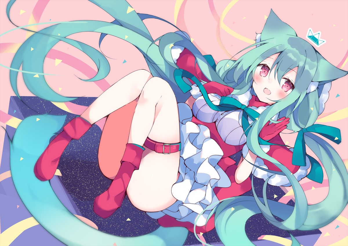 animal_ears, aqua_hair, blush, boots, bow, cape, catgirl, christmas
