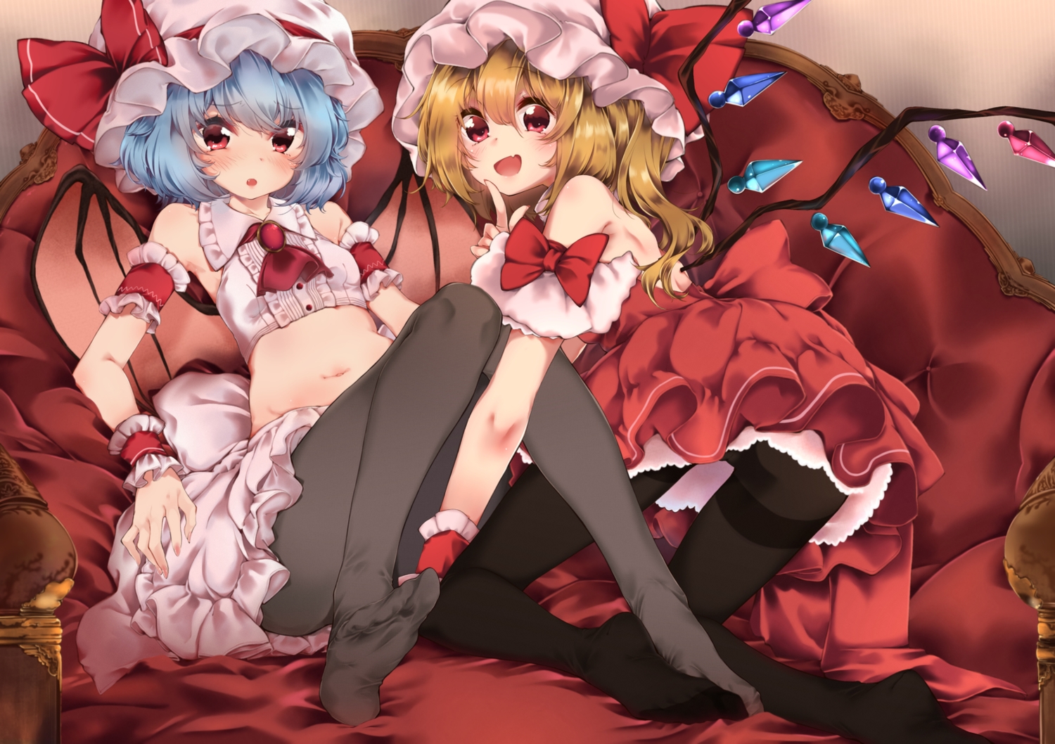 2girls, blonde_hair, blue_hair, christmas, flandre_scarlet, hat, meji_aniki, navel, red_eyes, remilia_scarlet, short_hair, stockings, touhou, vampire, wings