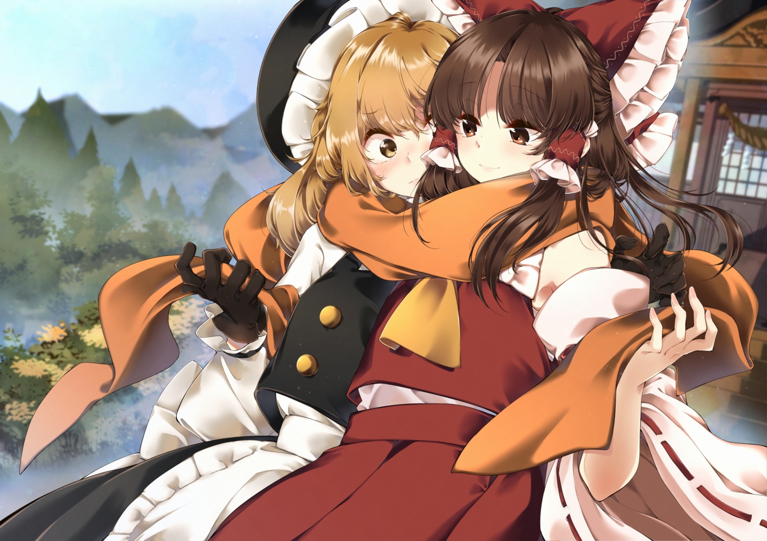2girls, blonde_hair, brown_eyes, brown_hair, gloves, hakurei_reimu, hat, hug, japanese_clothes, kirisame_marisa, long_hair, meji_aniki, miko, scarf, shoujo_ai, shrine, torii, touhou, witch, yellow_eyes