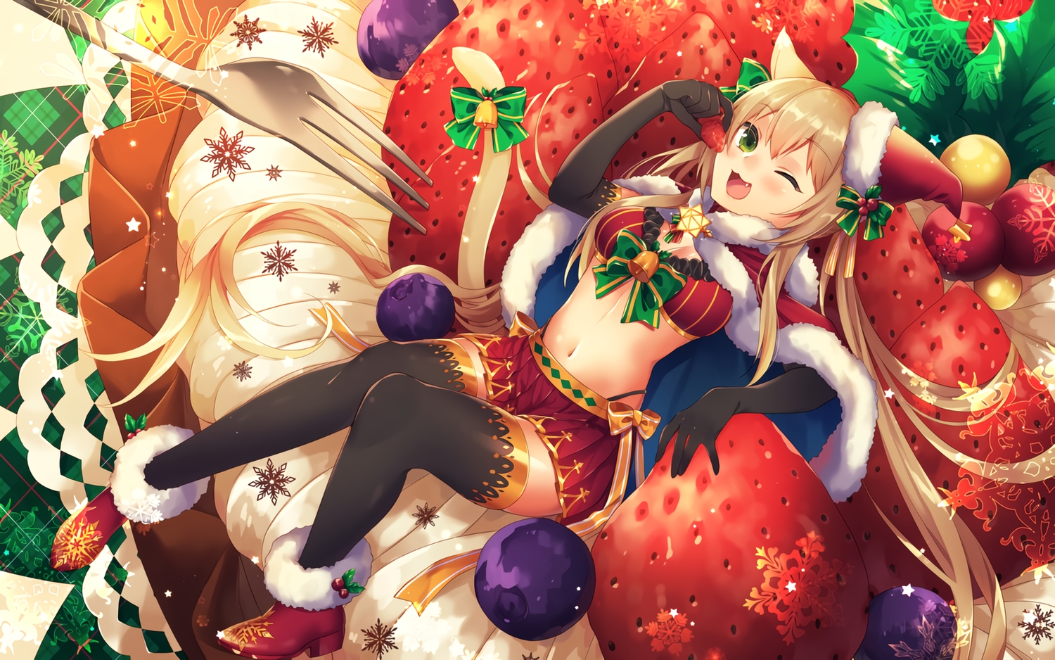 animal_ears, boots, breasts, brown_hair, cape, catgirl, cat_smile, christmas, cleavage, elbow_gloves, fang, food, fruit, gloves, green_eyes, kirisita, long_hair, original, skirt, strawberry, tail, thighhighs, waifu2x, wink