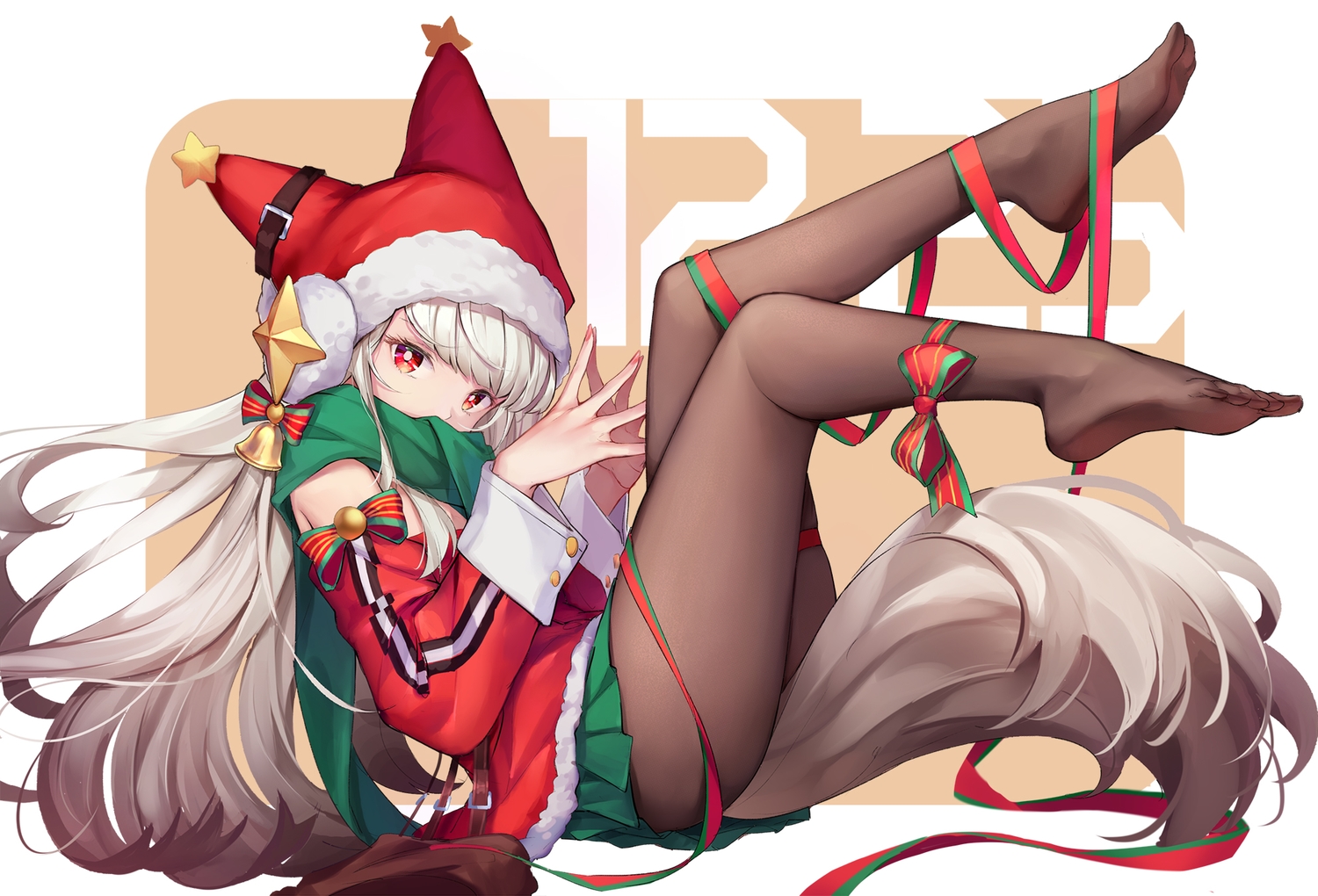 am1m, animal_ears, arknights, christmas, foxgirl, frostleaf_(arknights), pantyhose, ribbons, santa_costume, tail