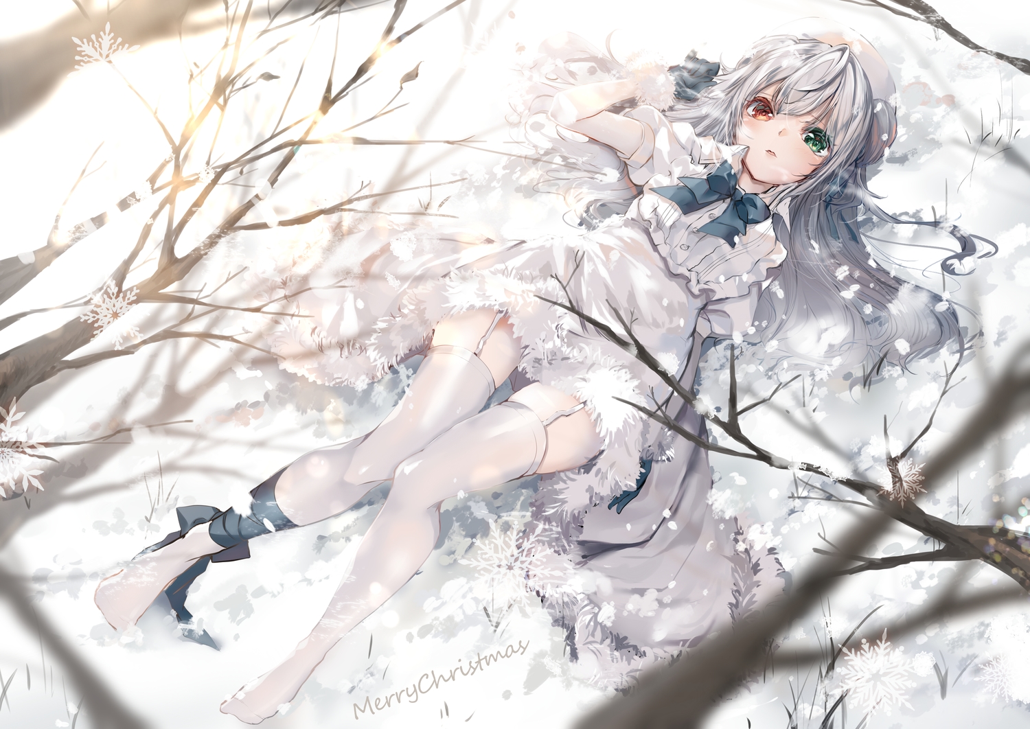 bicolored_eyes, bow, christmas, dress, garter_belt, gloves, gray_hair, long_hair