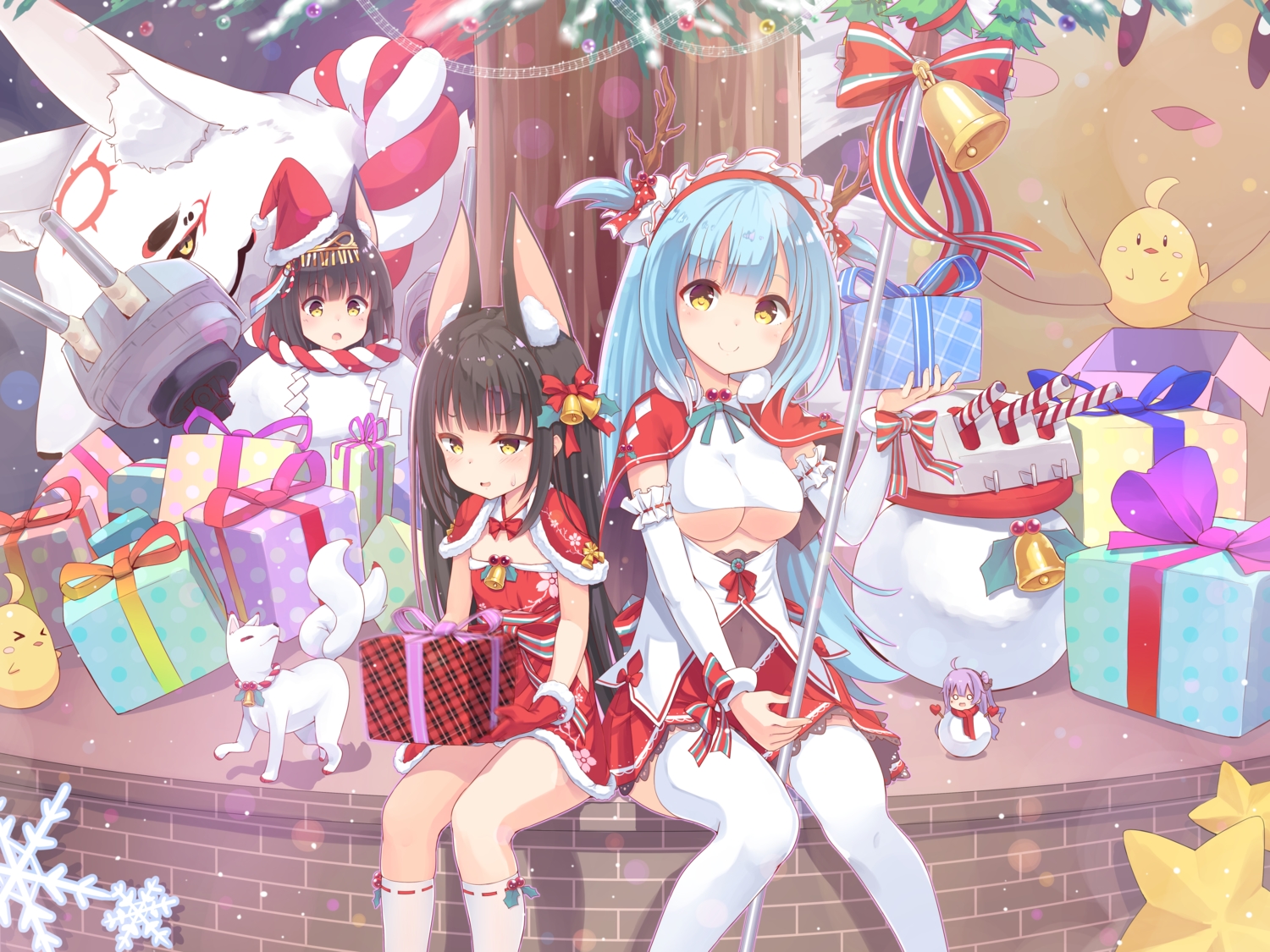 animal, animal_ears, anthropomorphism, azur_lane, bell, black_hair, blush, christmas