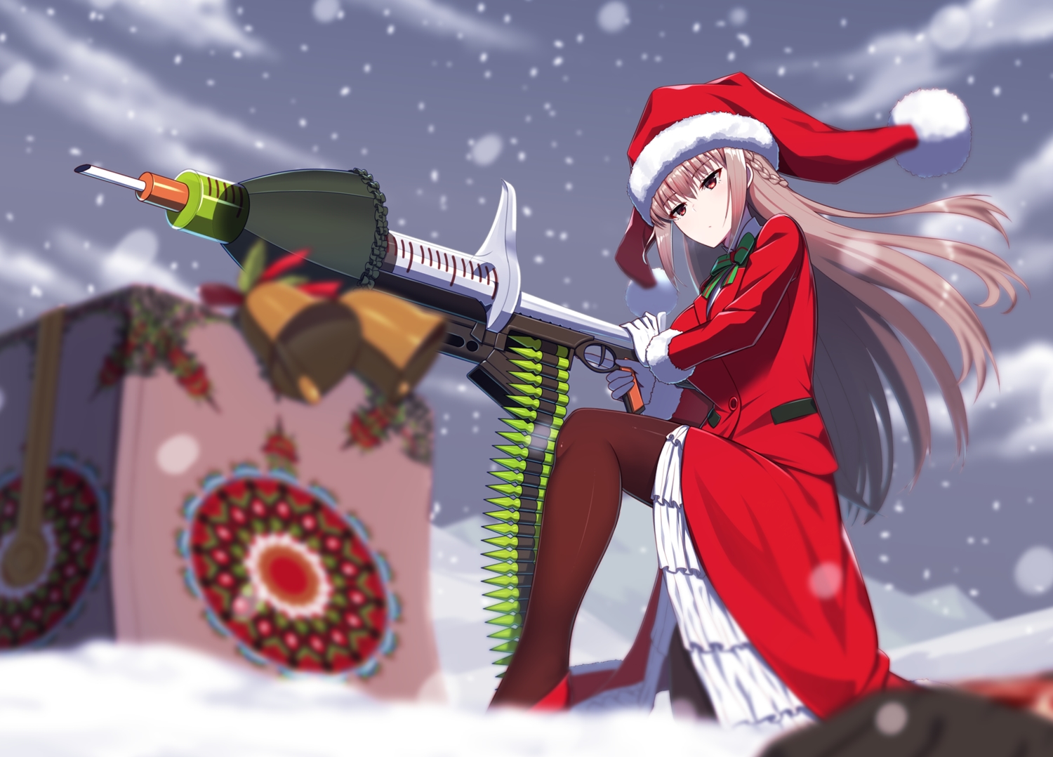 christmas, fate/grand_order, fate_(series), florence_nightingale, gloves, gun, hat, kuroshiro_(ms-2420), long_hair, pantyhose, pink_hair, red_eyes, santa_costume, santa_hat, snow, suit, weapon