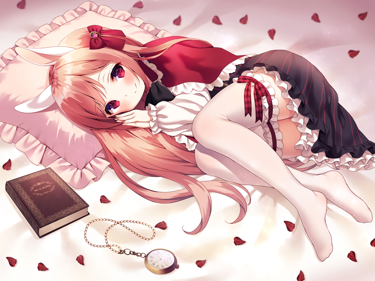 animal_ears, bed, book, brown_hair, bunny_ears, cape, chitosezaka_suzu, lolita_fashion, original, petals, red_eyes, skirt, thighhighs, waifu2x