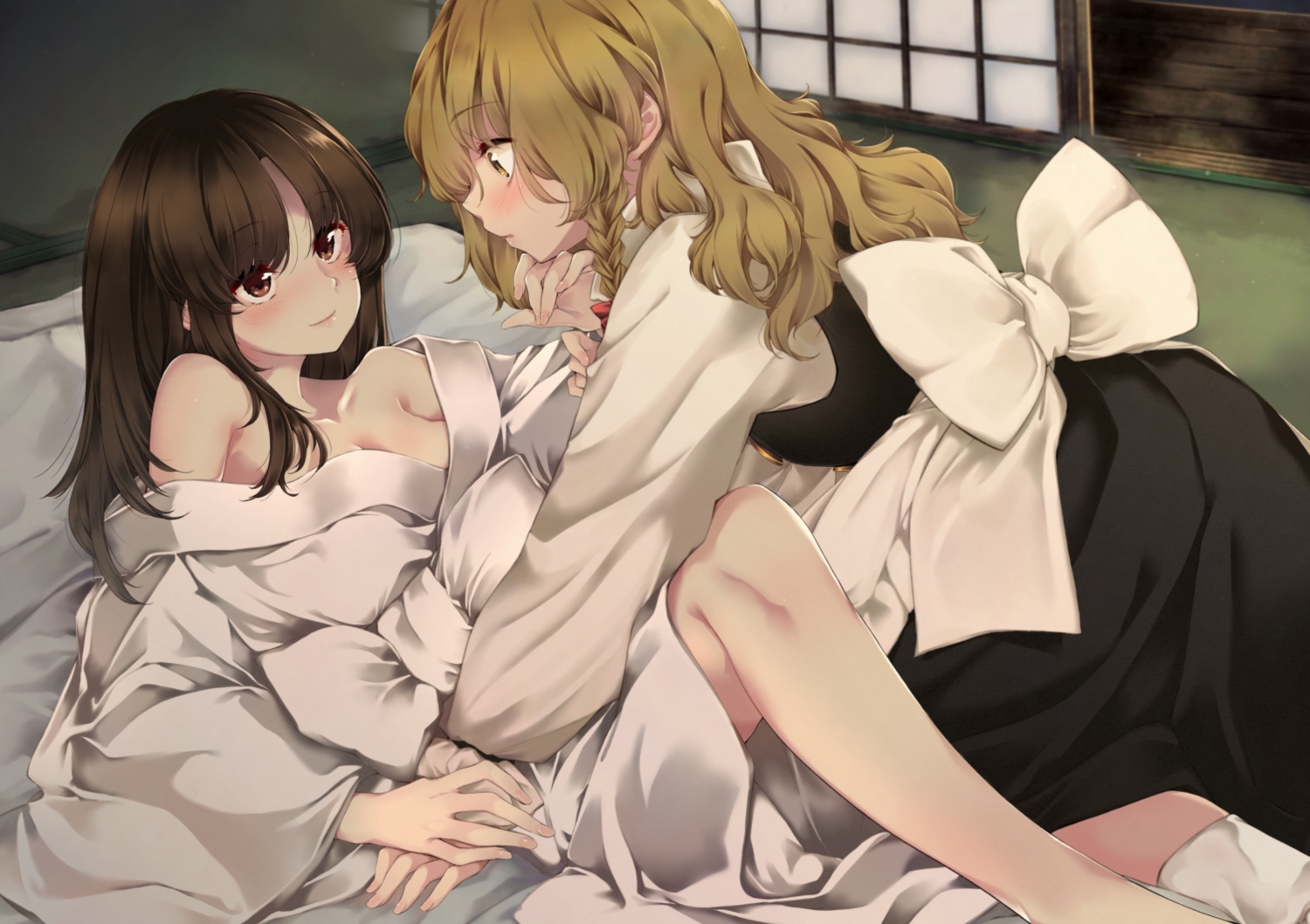 2girls, apron, blonde_hair, braids, breasts, brown_eyes, brown_hair, cleavage, hakurei_reimu, japanese_clothes, kimono, kirisame_marisa, long_hair, meji_aniki, shoujo_ai, touhou