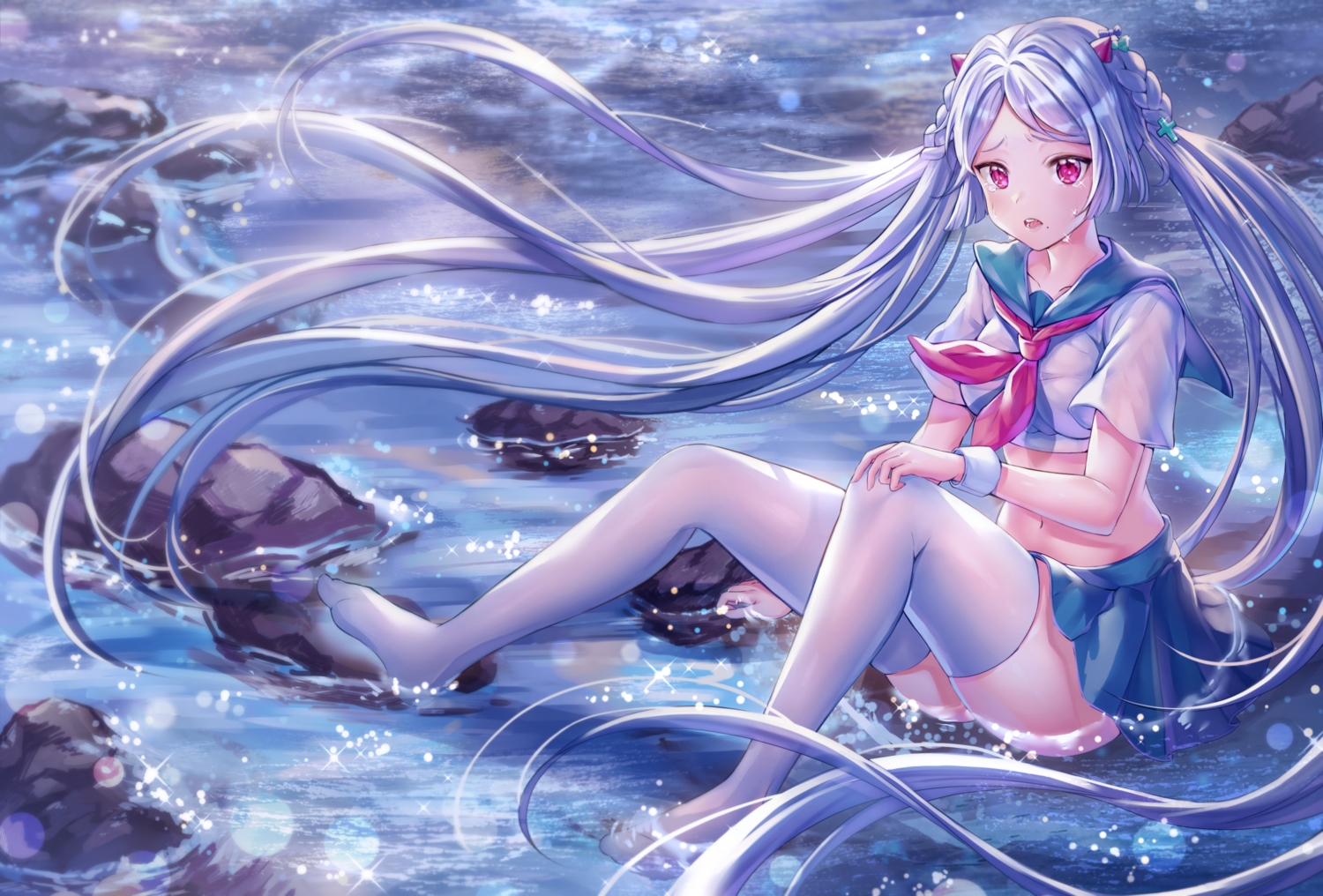 braids, chang_(user_rpea4874), crying, gray_hair, horns, long_hair, navel, original, pink_eyes, school_uniform, skirt, tears, thighhighs, water, wristwear