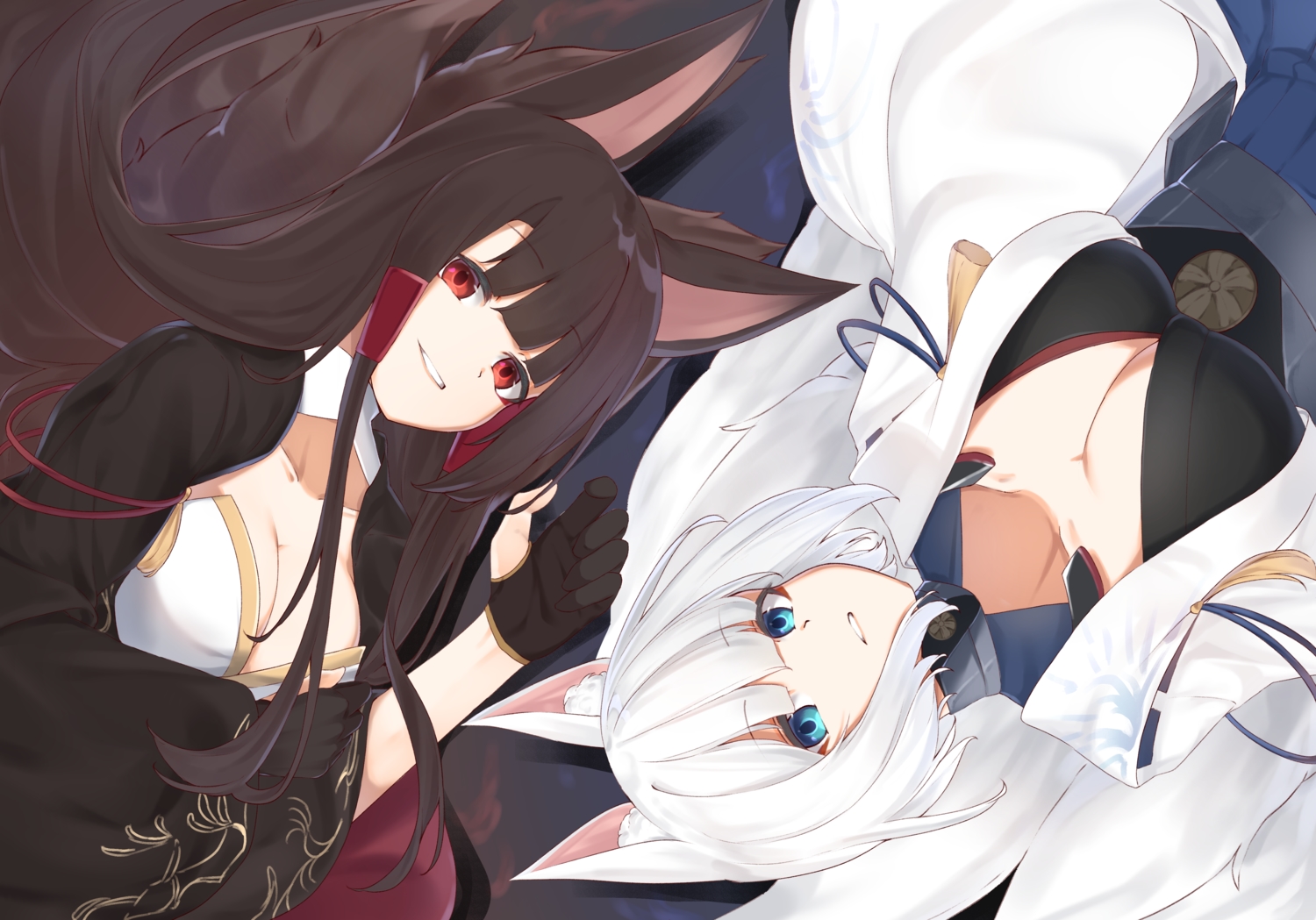2girls, akagi_(azur_lane), animal_ears, anthropomorphism, aqua_eyes, azur_lane, breasts, brown_hair, cleavage, foxgirl, gloves, japanese_clothes, kaga_(azur_lane), kimidori3_karla, long_hair, multiple_tails, red_eyes, short_hair, tail, white_hair