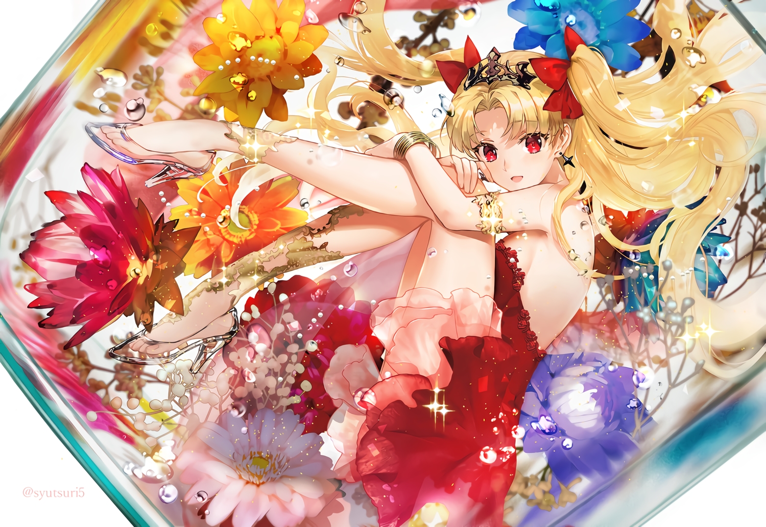 blonde_hair, dress, ereshkigal_(fate/grand_order), fate/grand_order, fate_(series), flowers, long_hair, red_eyes