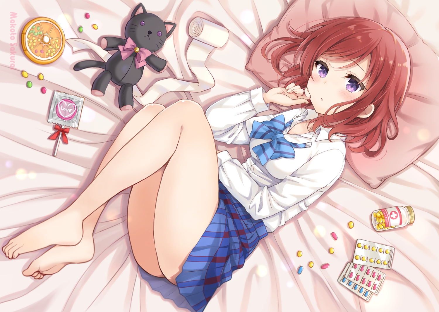 barefoot, bed, blush, candy, condom, lollipop, love_live!_school_idol_project, nishikino_maki, purple_eyes, red_hair, sakurai_makoto_(custom_size), school_uniform, short_hair, skirt, watermark