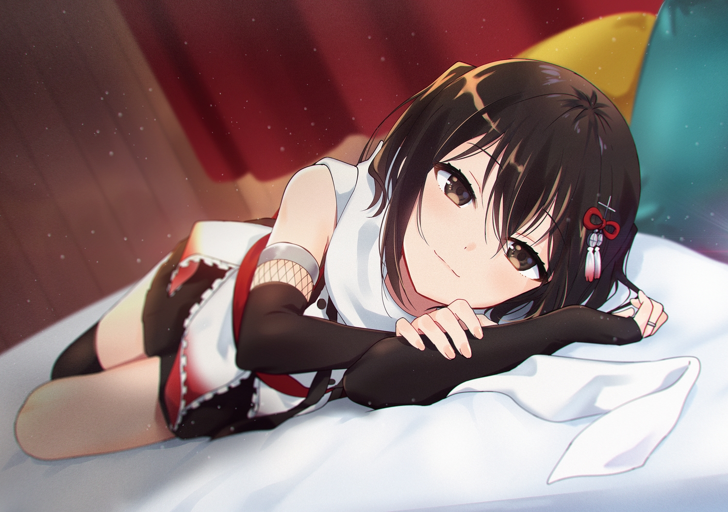 anthropomorphism, bed, brown_eyes, brown_hair, elbow_gloves, gloves, ica, kantai_collection, ninja, scarf, sendai_(kancolle), short_hair, thighhighs, twintails
