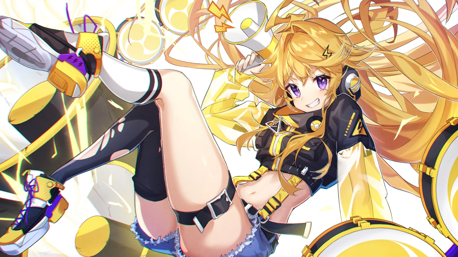 blonde_hair, garter_belt, headphones, kneehighs, long_hair, navel, original, purple_eyes, shirama_(c2h76_5), shorts, thighhighs, torn_clothes