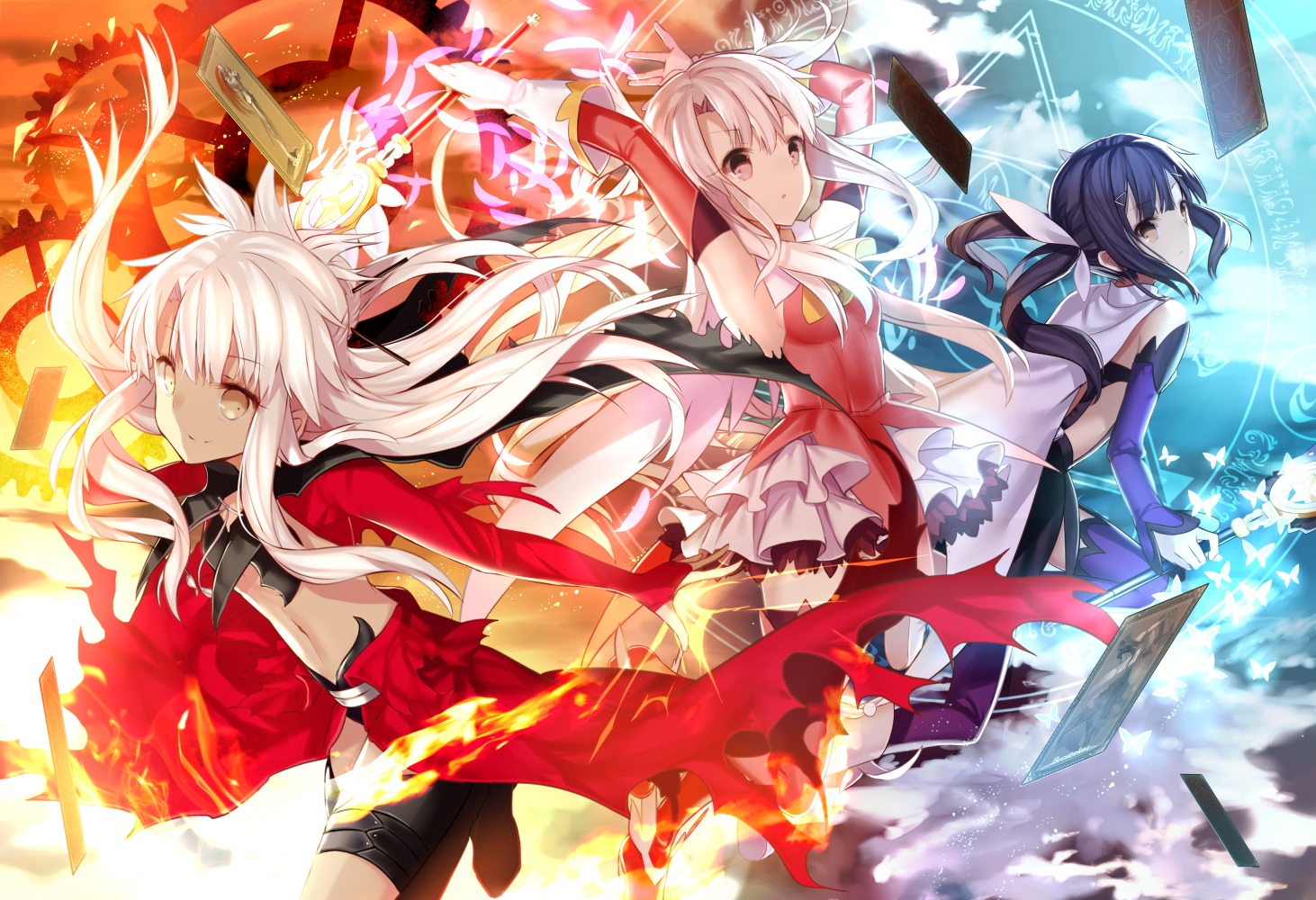 black_hair, chloe_von_einzbern, dark_skin, dress, fate/kaleid_liner_prisma_illya, fate_(series), fire, gloves, illyasviel_von_einzbern, long_hair, magic, mashima_saki_(mashimasa), miyu_edelfelt, navel, pink_eyes, thighhighs, wand, white_hair, yellow_eyes