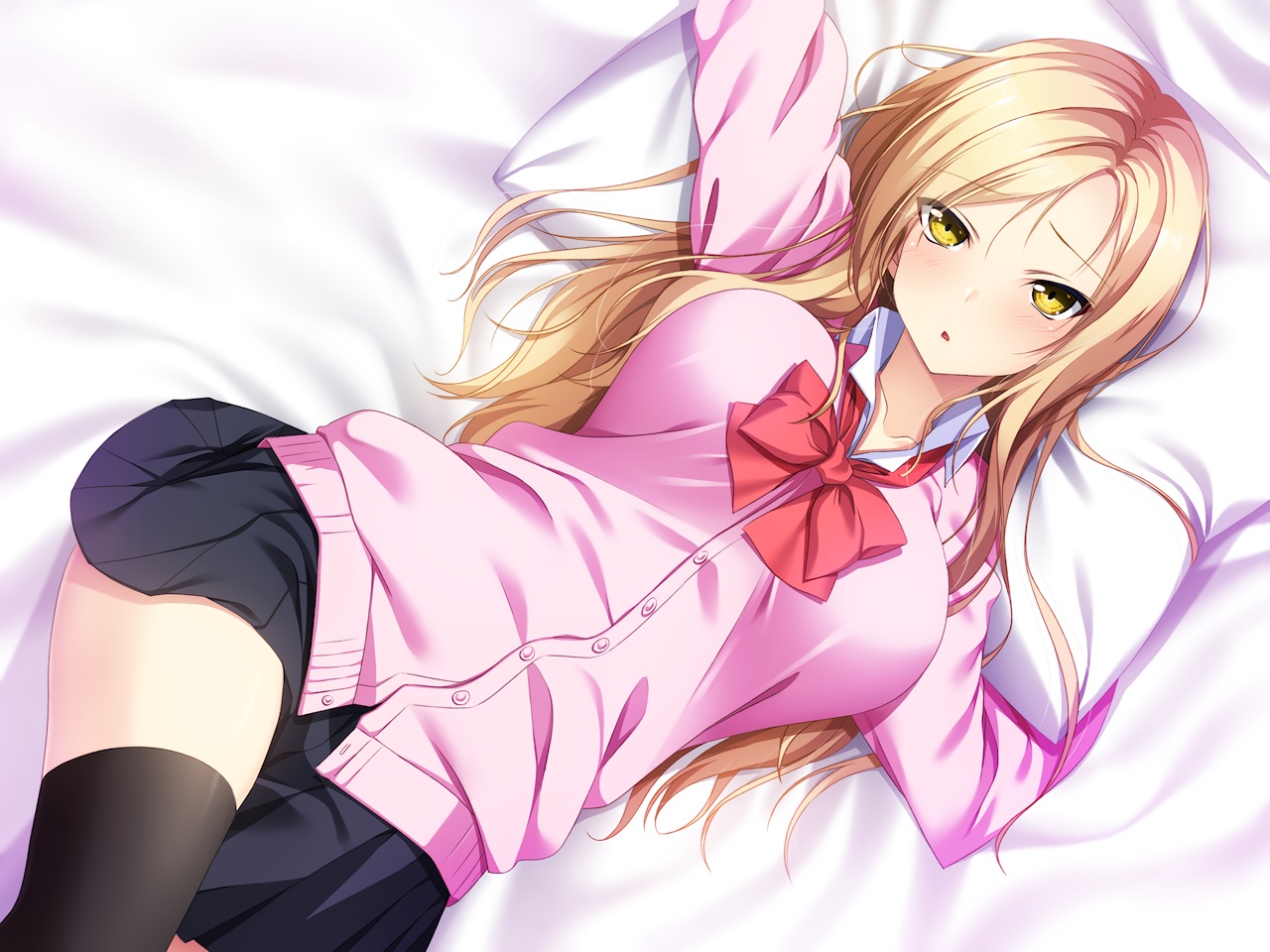 bed, blonde_hair, blush, bow, long_hair, original, school_uniform, skirt