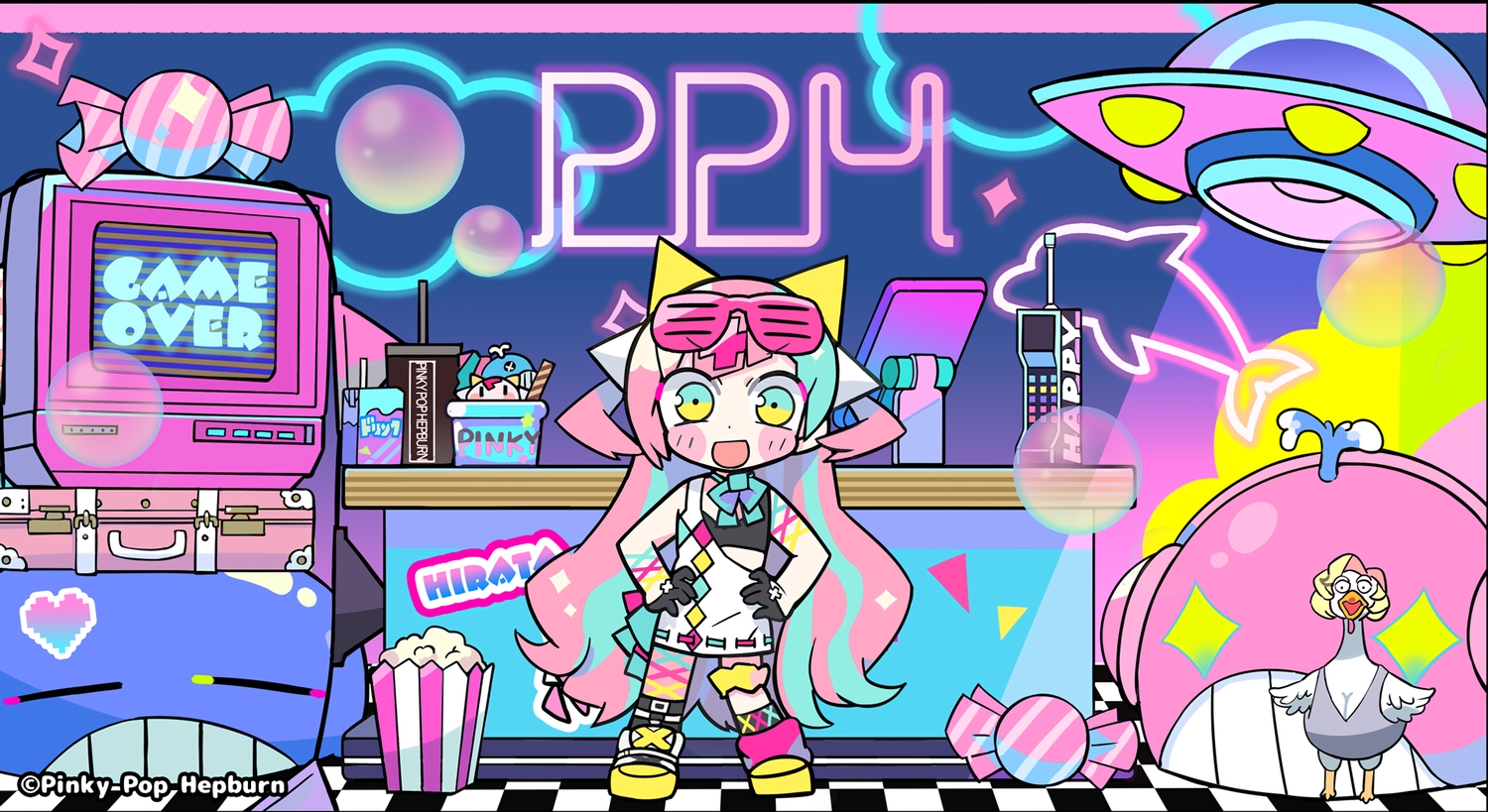 drink, food, gloves, long_hair, phone, pink_hair, pinky_pop_hepburn, polychromatic