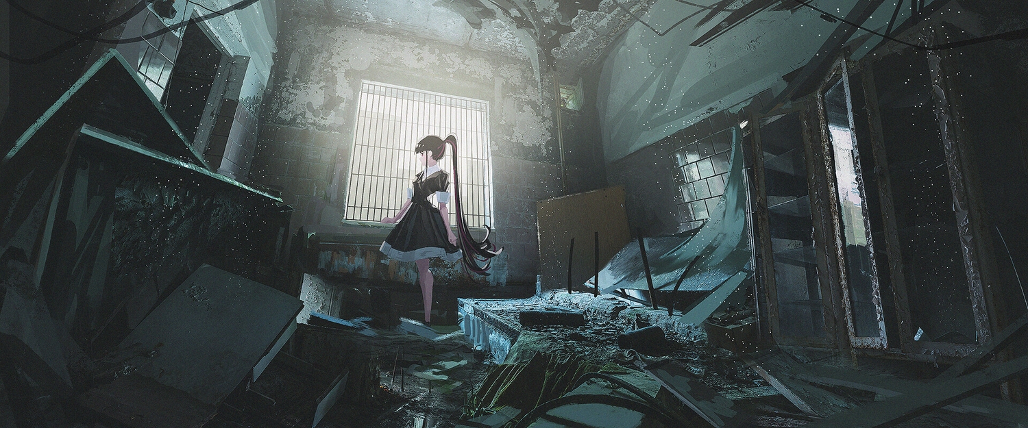 black_hair, dress, gothic, long_hair, miyoshi_nao, original, ponytail, ruins, scenic