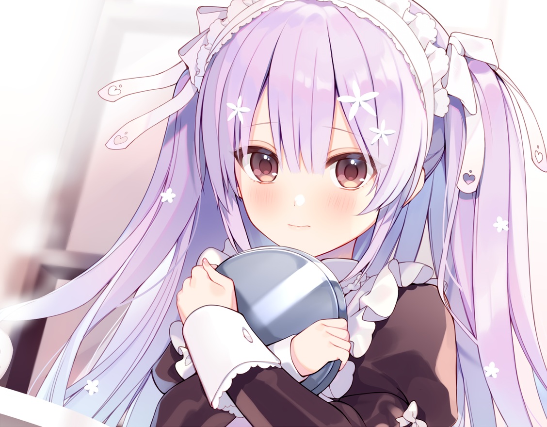 apron, blush, brown_eyes, close, headdress, long_hair, maid, mayachi_(amuriya), original, purple_hair, ribbons, twintails, waifu2x