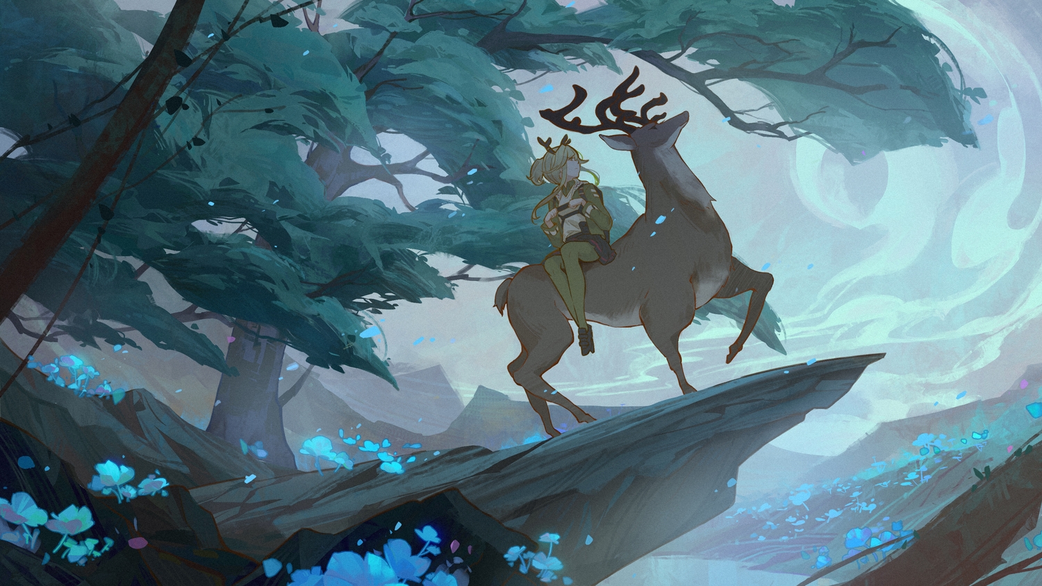 animal, blonde_hair, emurina, horns, original, pantyhose, ponytail, scenic