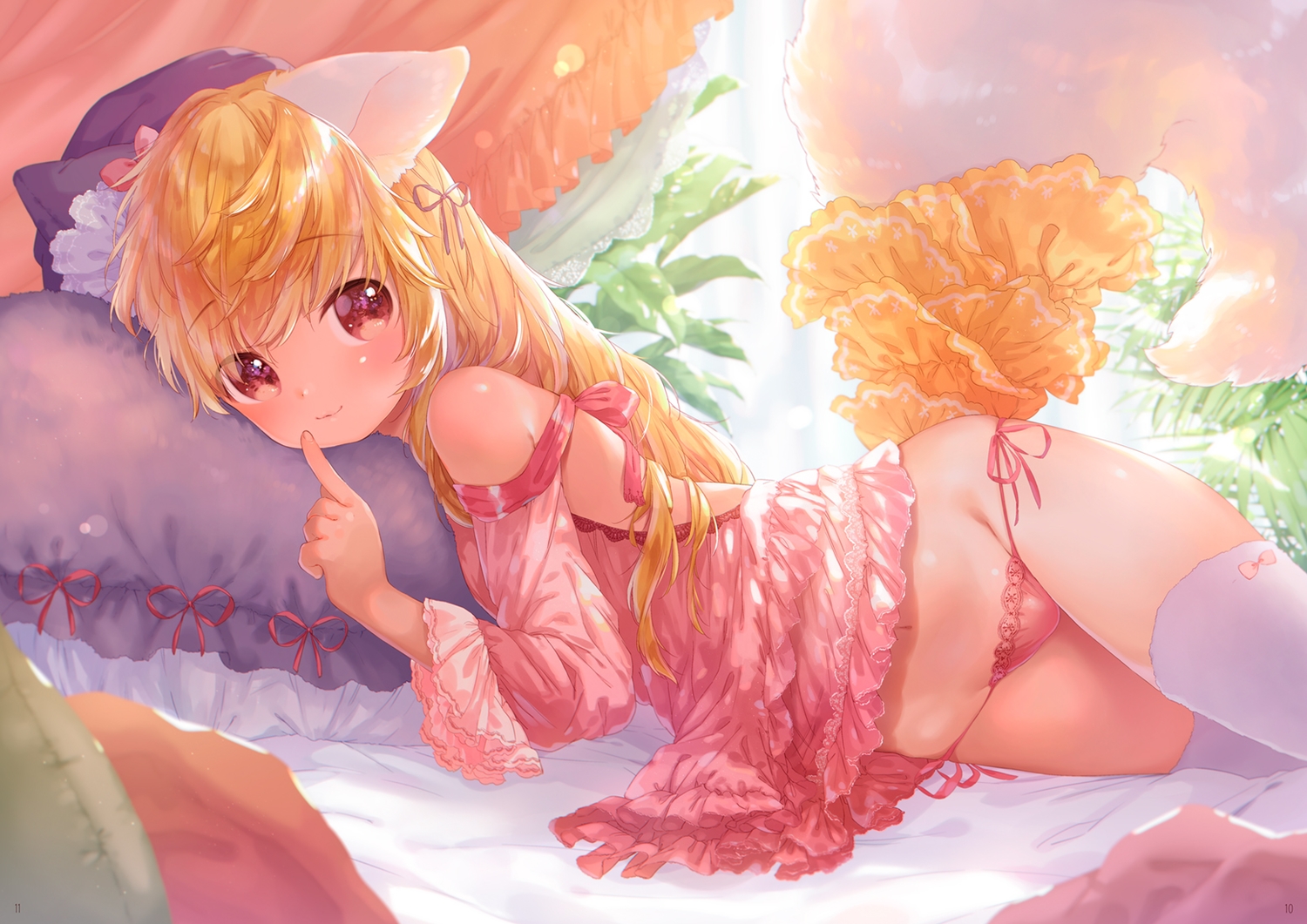 animal_ears, bed, blush, bow, foxgirl, loli, long_hair, mutou_mato, navel, orange_hair, original, red_eyes, tail, thighhighs