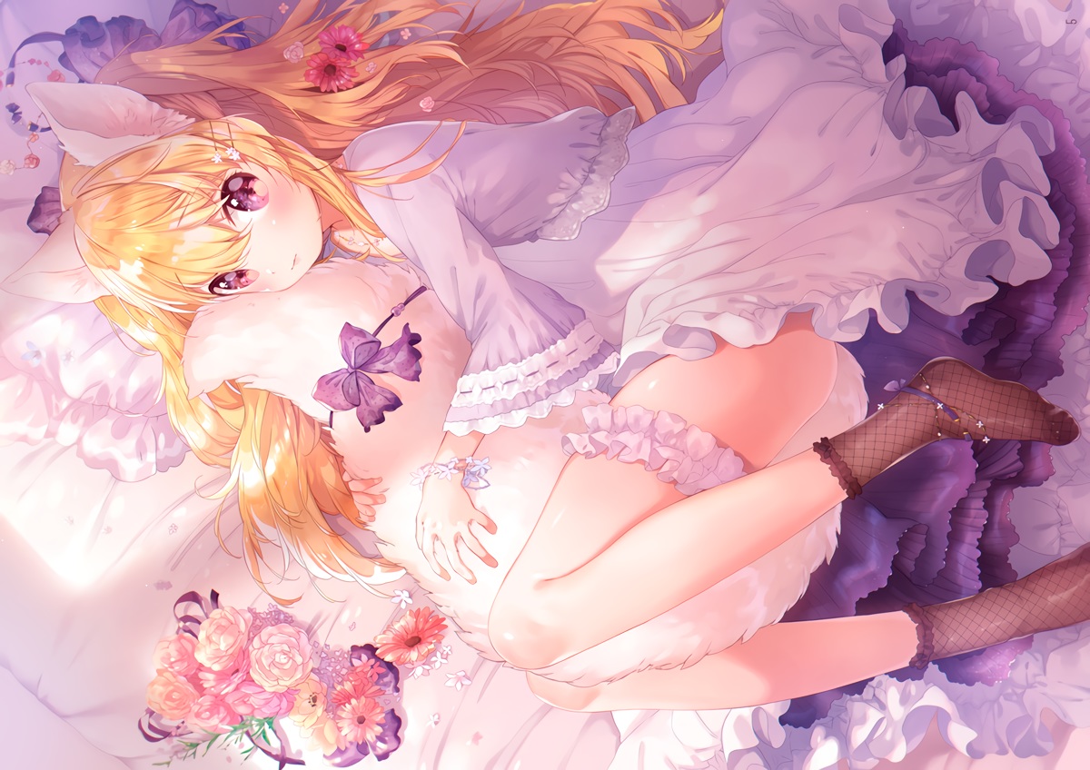 animal_ears, bed, blush, bow, dress, flowers, foxgirl, garter, loli, long_hair, mutou_mato, orange_hair, original, purple_eyes, socks, tail