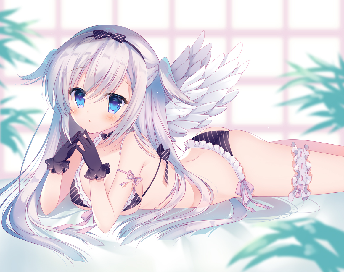 angel, aqua_eyes, ass, bikini, blush, garter, gloves, long_hair, original, sumii, swimsuit, twintails, white_hair, wings
