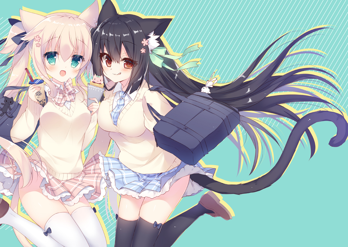 2girls, animal_ears, black_hair, blonde_hair, blush, bow, brown_eyes, catgirl