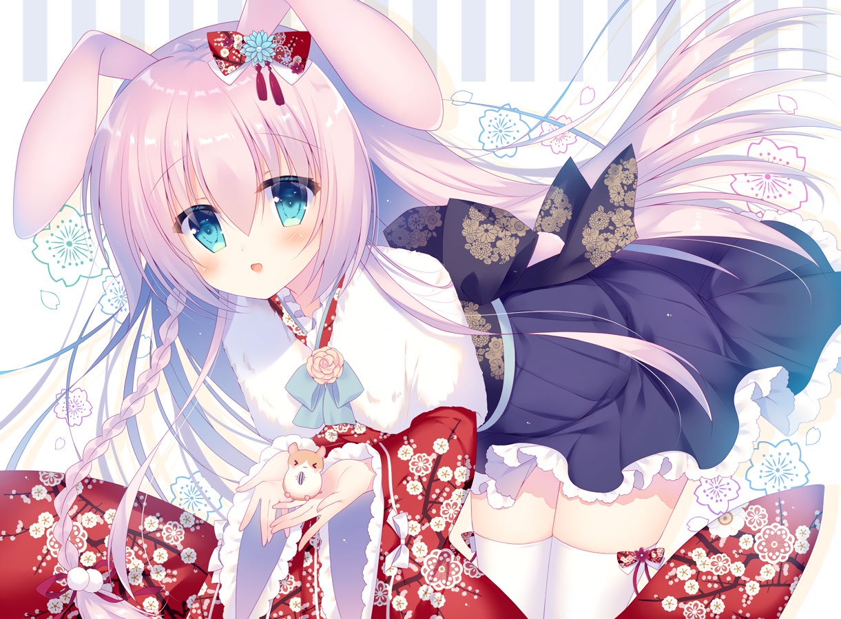 animal, animal_ears, aqua_eyes, blush, braids, bunny_ears, bunnygirl, japanese_clothes