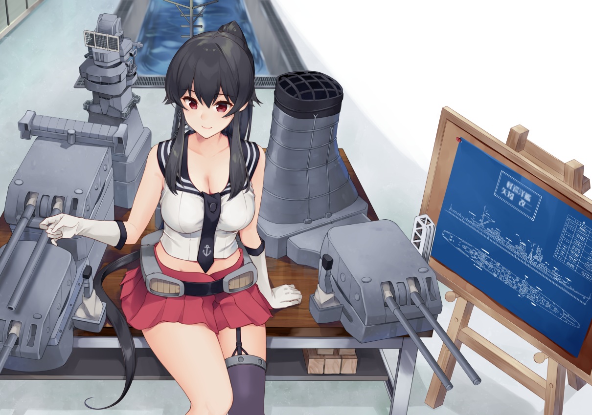 aliasing, anthropomorphism, black_hair, breasts, cleavage, gloves, ichinomiya_(blantte), kantai_collection, long_hair, ponytail, red_eyes, school_uniform, skirt, thighhighs, yahagi_(kancolle)