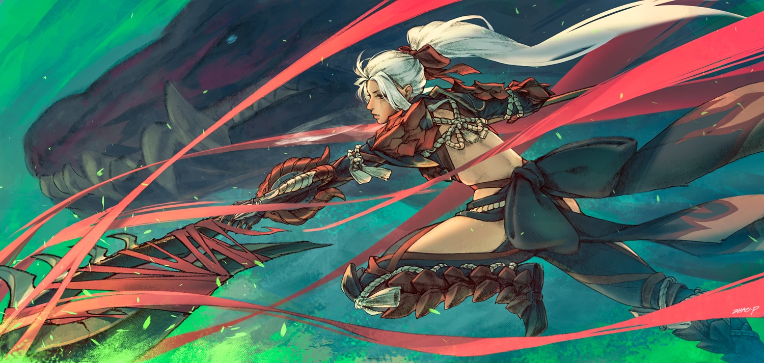 armor, bow, dragon, long_hair, monster_hunter, monster_hunter:_world, odogaron_(armor), red_eyes, scar, signed, white_hair, zhaoyuan_pan