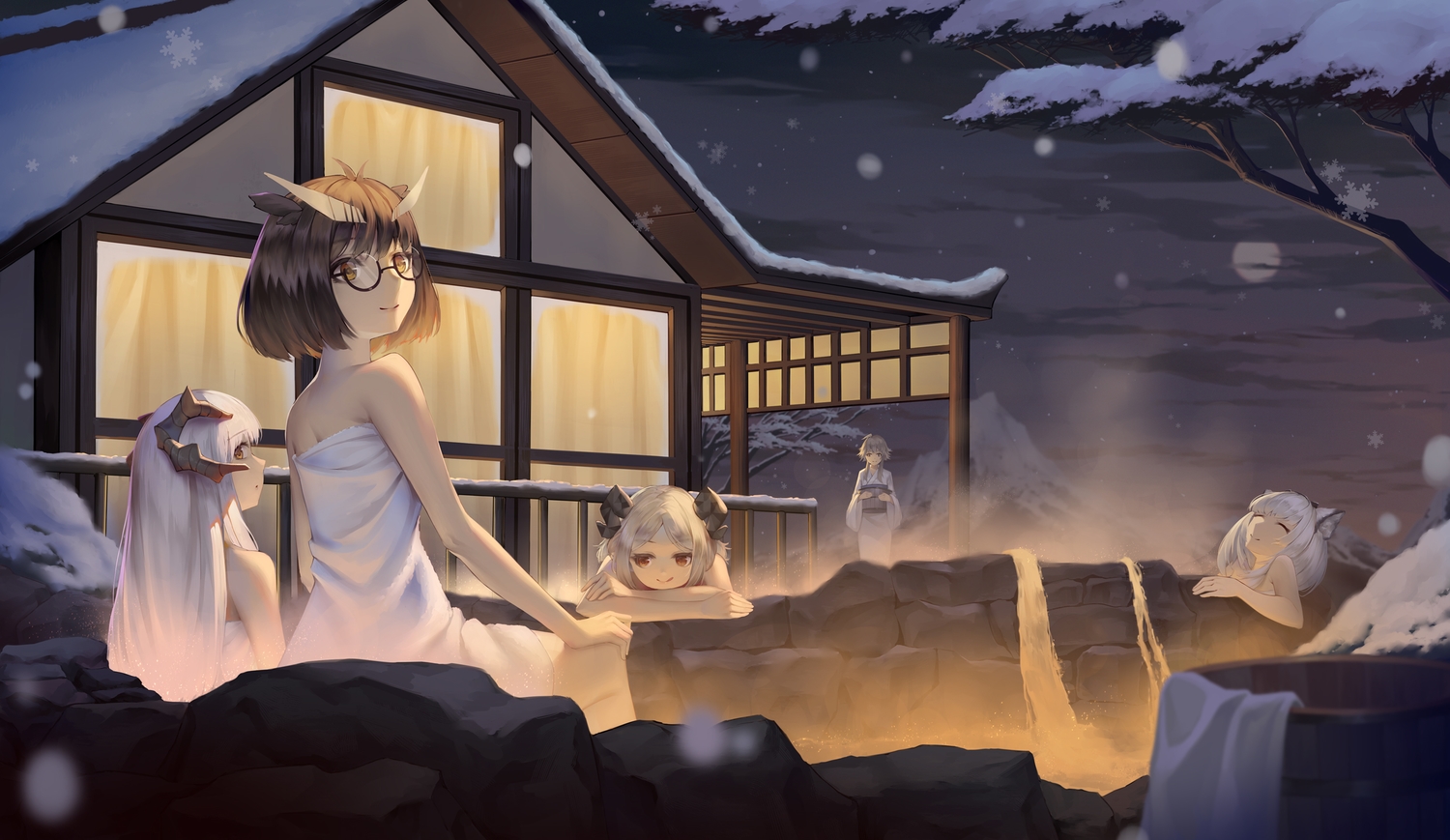 arknights, brown_eyes, building, clouds, gray_hair, group, horns, ifrit_(arknights)