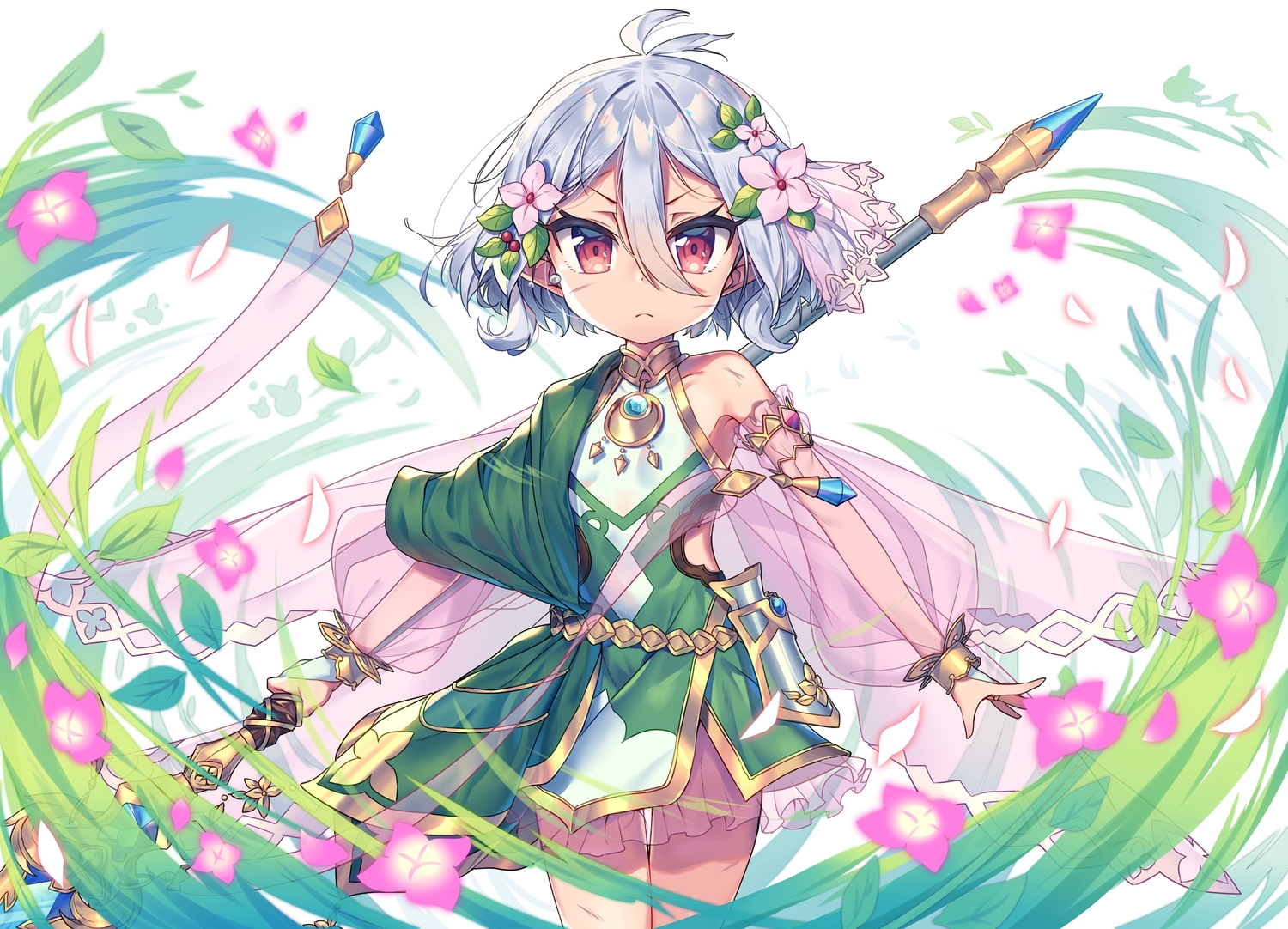 dress, flowers, gray_hair, loli, magic, natsume_kokoro, pointed_ears, princess_connect!, red_eyes, short_hair, spear, wagashi928, weapon