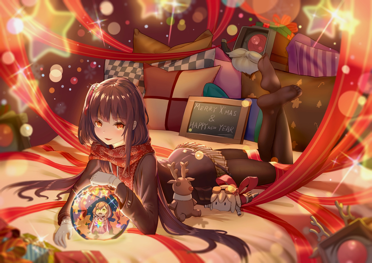 anthropomorphism, bed, bow, christmas, doll, girls_frontline, gloves, long_hair, orange_eyes, pantyhose, ribbons, scarf, school_uniform, skirt, stars, vic_(user_ztdh7374), wa2000_(girls_frontline)