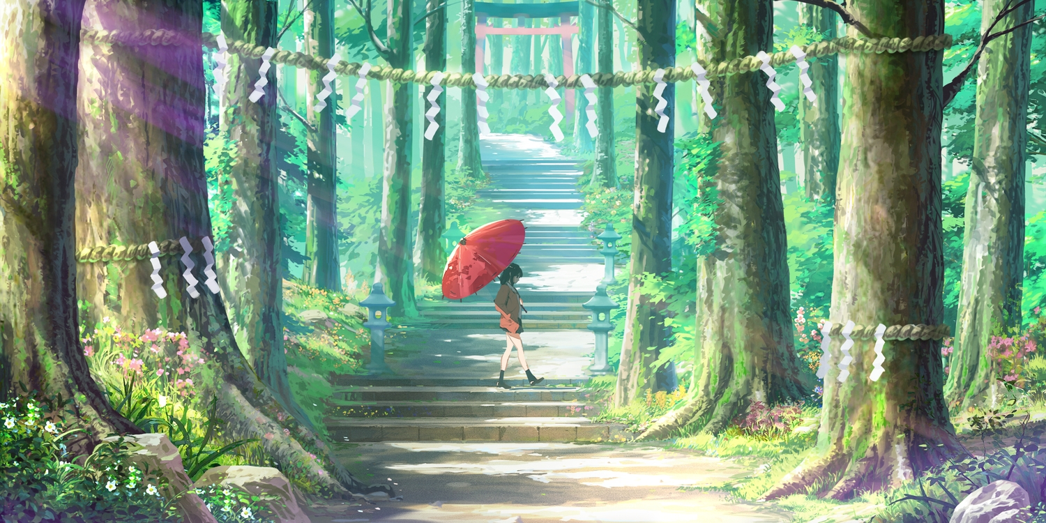 black_hair, cropped, forest, landscape, original, pigsomedom, rope, scenic, school_uniform, short_hair, skirt, stairs, torii, tree, umbrella