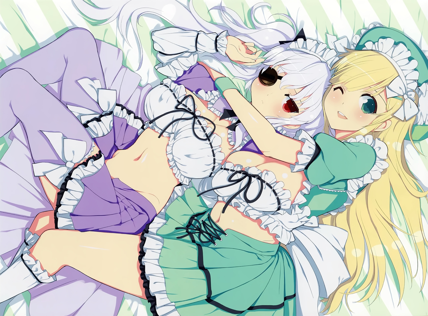 2girls, blonde_hair, cropped, eyepatch, green_eyes, hat, long_hair, maid