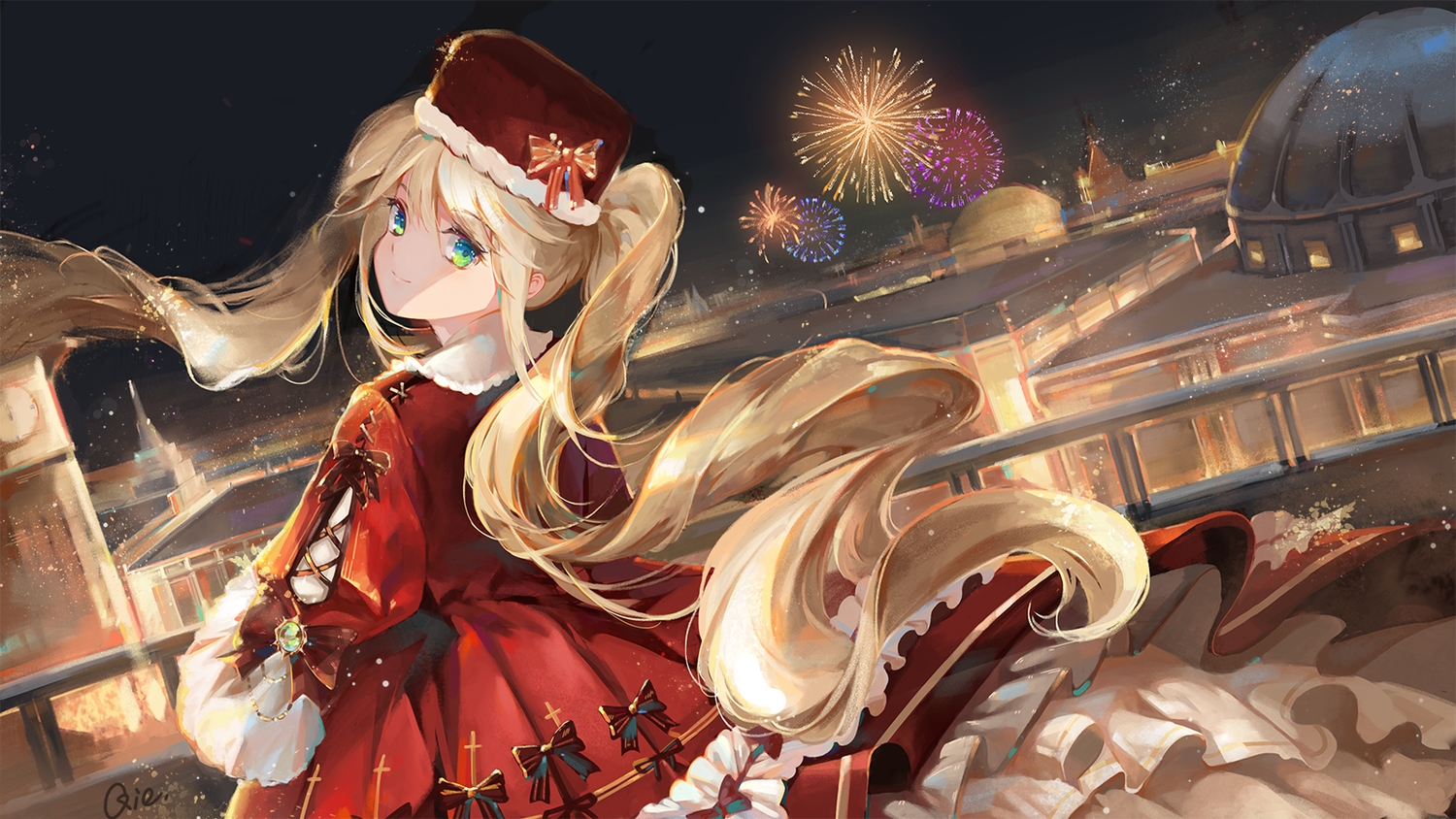 blonde_hair, bow, building, christmas, dress, fireworks, green_eyes, hat