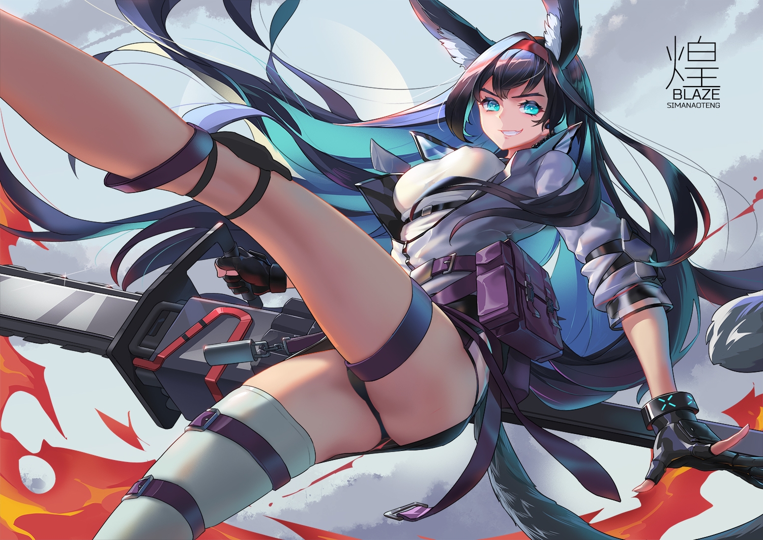 animal_ears, arknights, blaze_(arknights), catgirl, chainsaw, fire, gloves, green_eyes