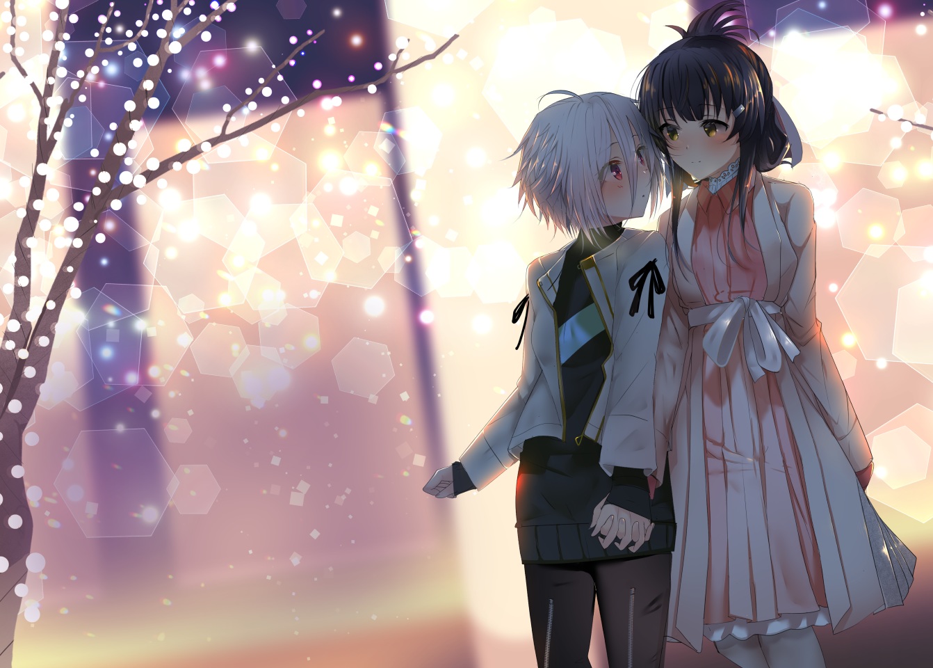 2girls, 80mph, aliasing, black_hair, blush, dress, itomi_sayaka, red_eyes