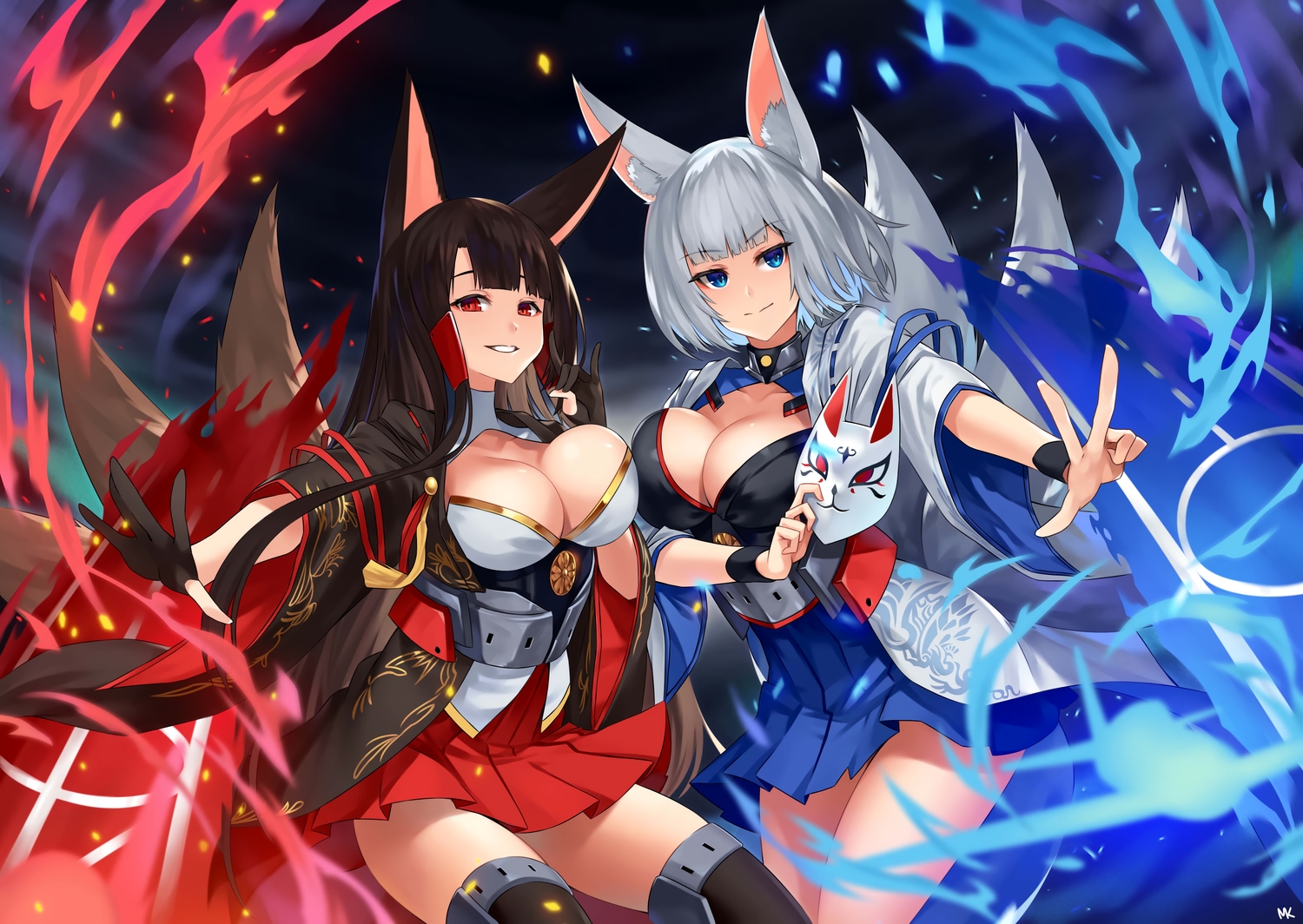 2girls, akagi_(azur_lane), animal_ears, anthropomorphism, azur_lane, blue_eyes, breasts, brown_hair, cleavage, fire, foxgirl, gloves, japanese_clothes, kaga_(azur_lane), magic, mask, mk_(lazymk), multiple_tails, red_eyes, tail, thighhighs, white_hair