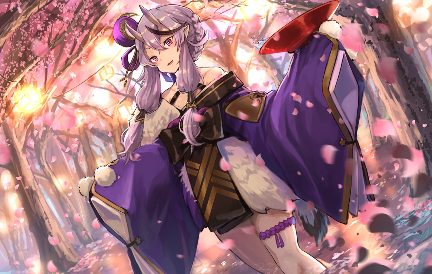 blush, braids, cherry_blossoms, demon, drink, flowers, forest, garter