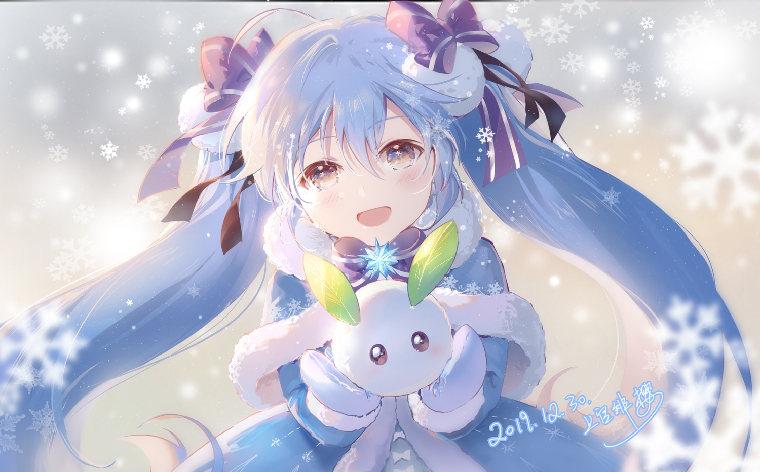 blue_hair, blush, bow, brown_eyes, cape, close, gloves, hatsune_miku